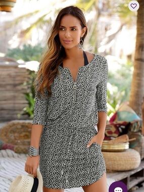 Lascana Women’s 3/4 Sleeve Zip Detail Dress with Pull String Waist Size L NWT